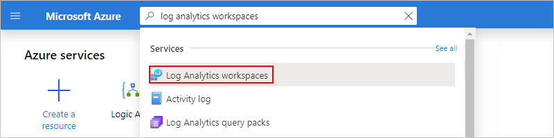 Captura de ecrã mostrando a caixa de pesquisa do portal do Azure com os workspaces do Log Analytics selecionados.
