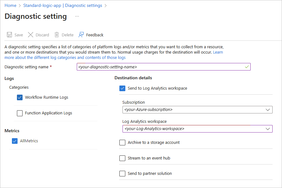 Captura de ecrã a mostrar o portal do Azure, menu de recursos da aplicação lógica padrão com opções de análise de logs selecionadas.