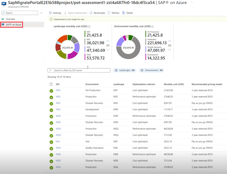 Captura de tela que mostra a seleção de SAP no Azure.