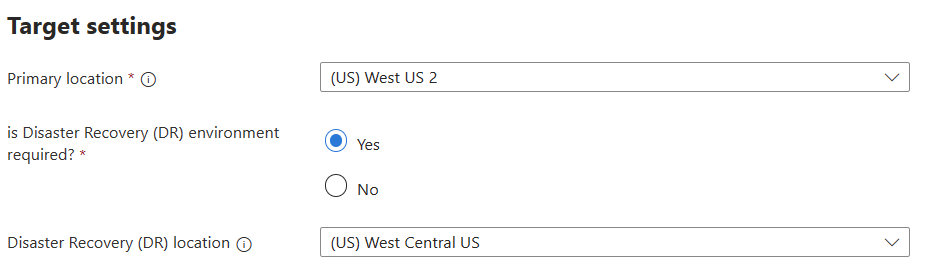 Captura de tela que mostra os campos nas configurações de destino.