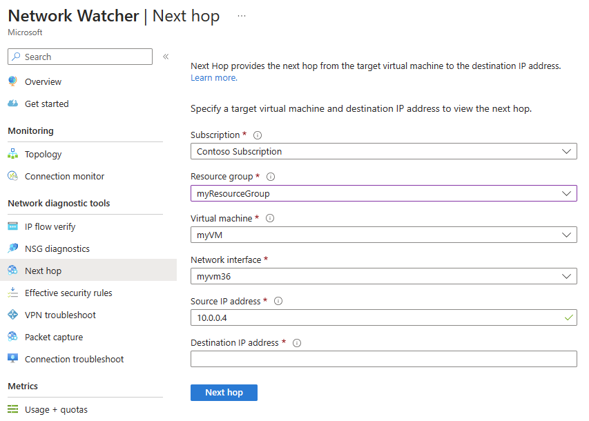 Captura de ecrã da visão do próximo salto do Observador de Rede do Azure no portal do Azure.