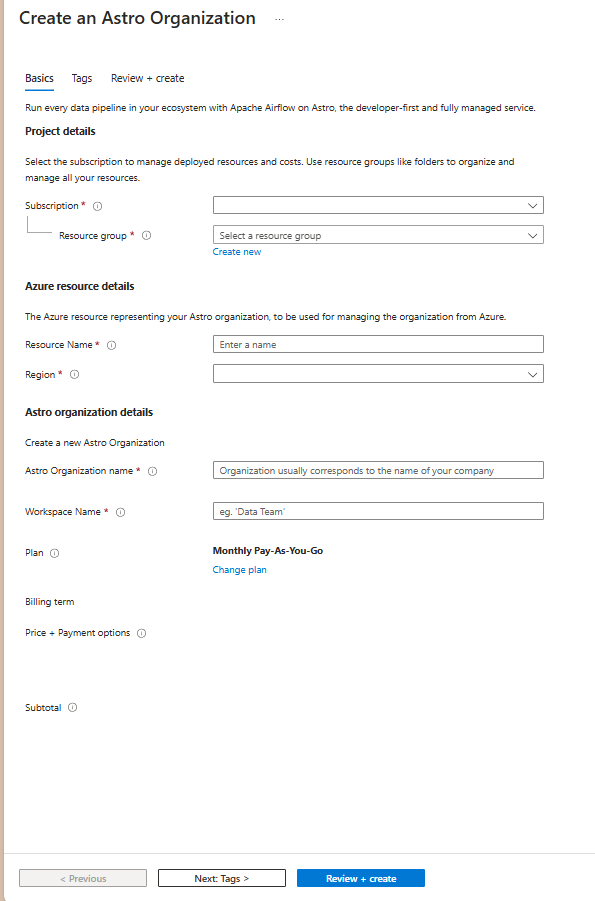 Uma captura de tela das opções Criar uma Organização Astrológica dentro do painel de trabalho do portal do Azure com a guia Noções básicas exibida.