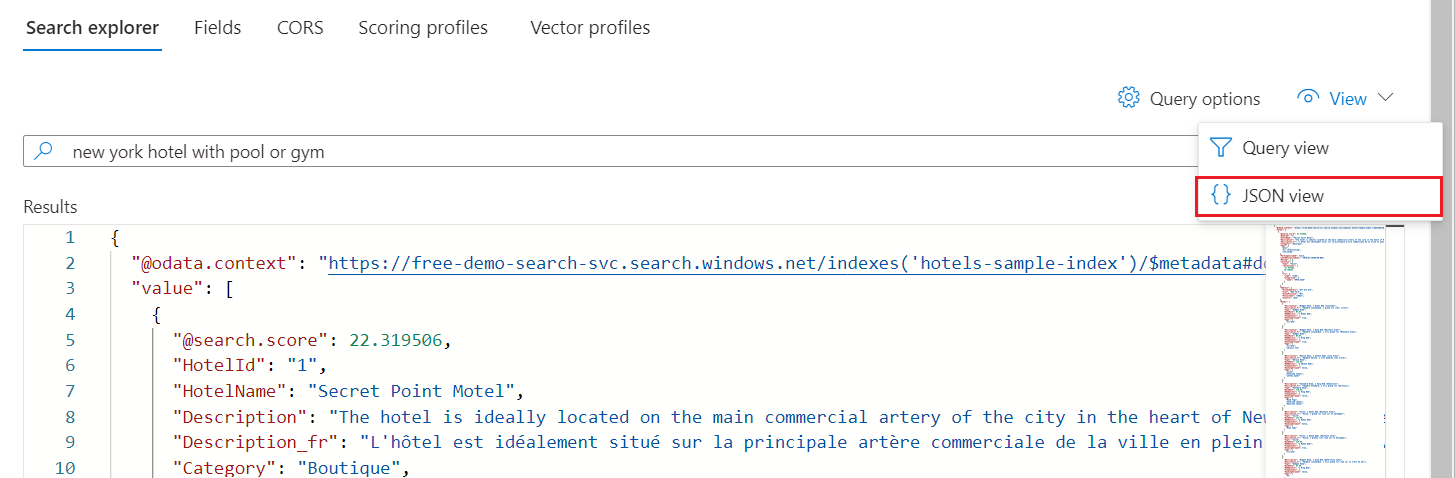 Captura de tela do seletor de exibição JSON.