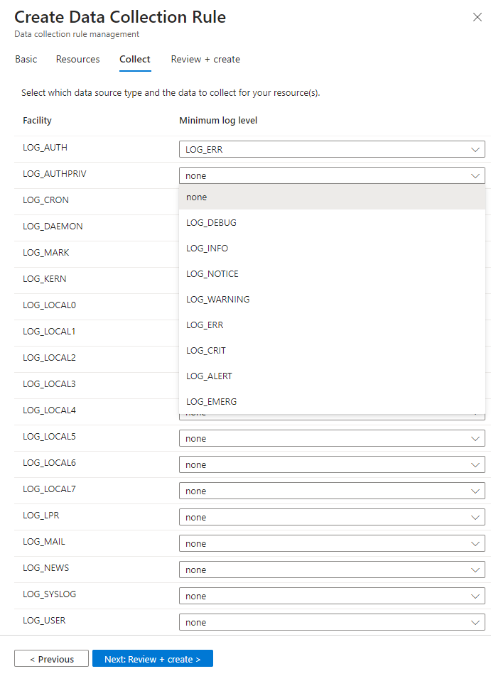 Captura de tela mostrando como selecionar níveis de log ao configurar o DCR.