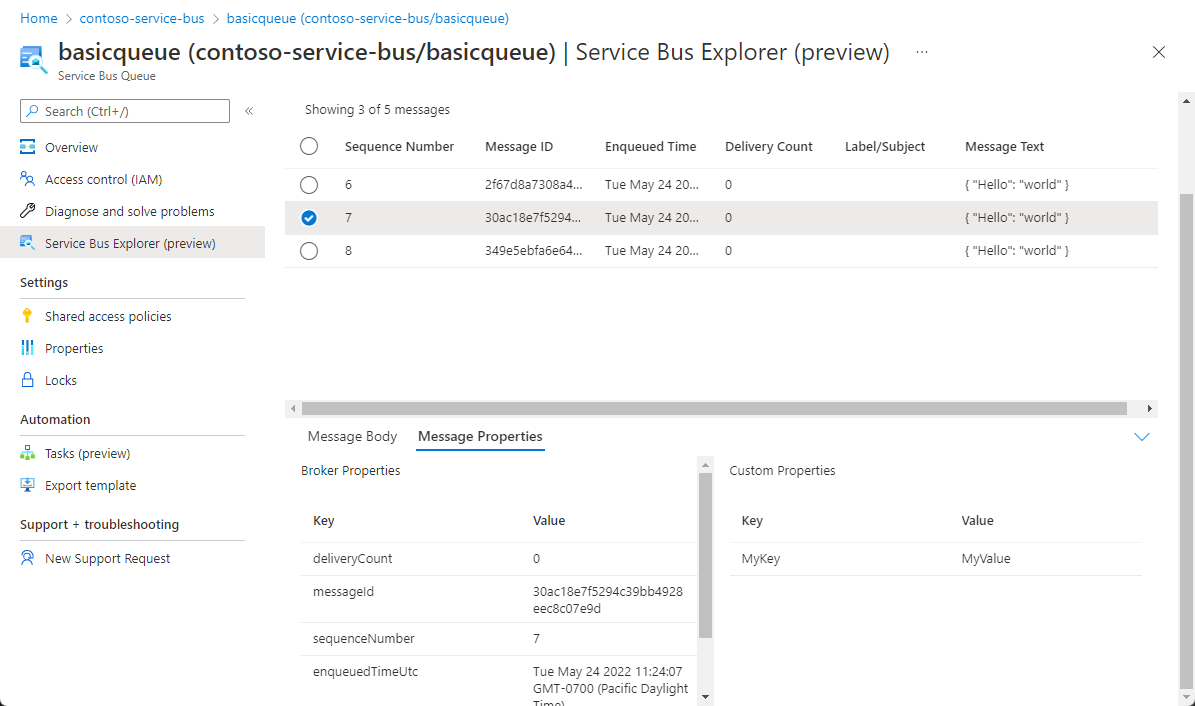 Captura de tela com visão geral de mensagens espiadas e propriedades de mensagens mostradas para espiar com opções avançadas.