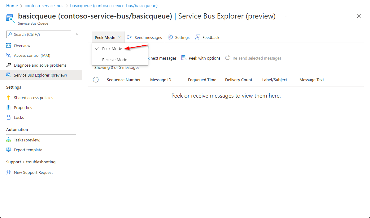 Captura de ecrã da lista pendente com o Modo de Pré-visualização selecionado.