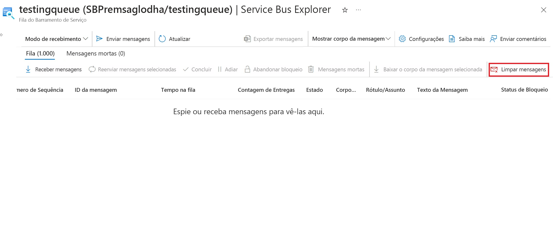 Captura de tela indicando o botão de mensagens de limpeza.