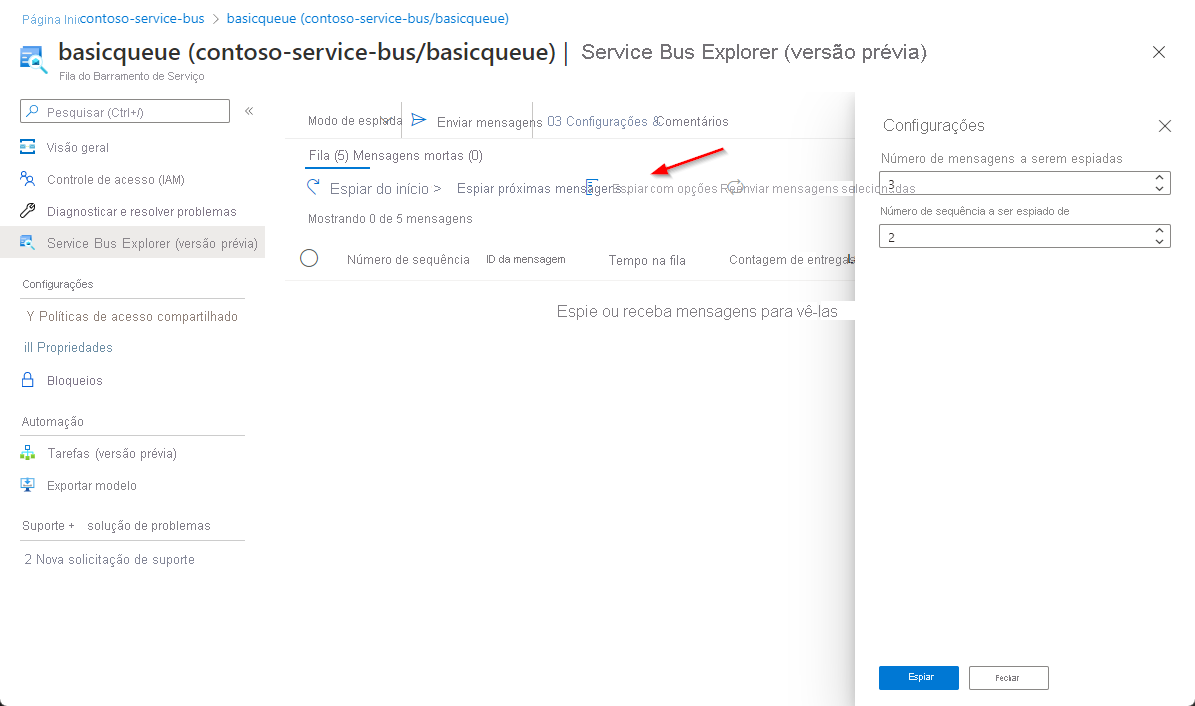 Captura de ecrã que indica o botão Espreitar com opções e uma página onde as opções podem ser definidas.