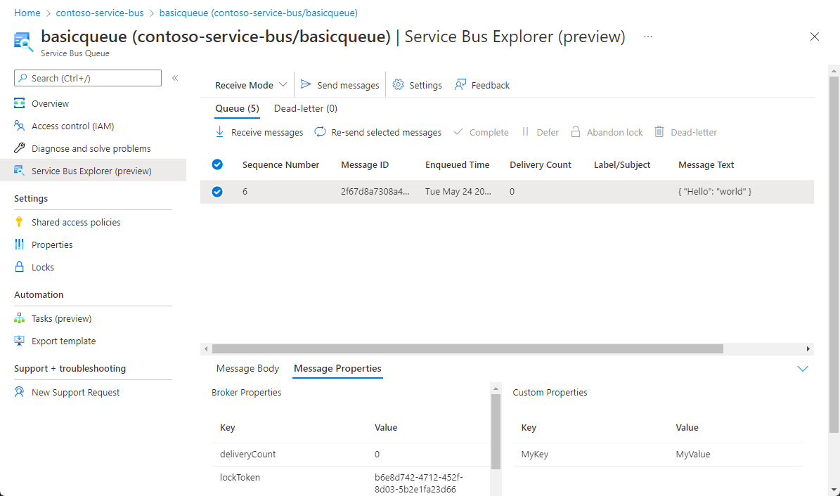 Captura de tela com visão geral das mensagens recebidas e propriedades das mensagens mostradas.