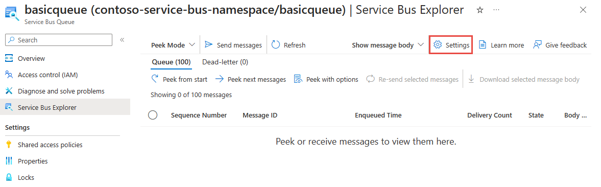 Captura de tela indicando o botão Configurações no Service Bus Explorer.