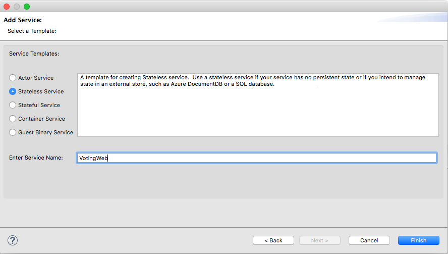 Criar um serviço sem estado para o seu projeto do Service Fabric
