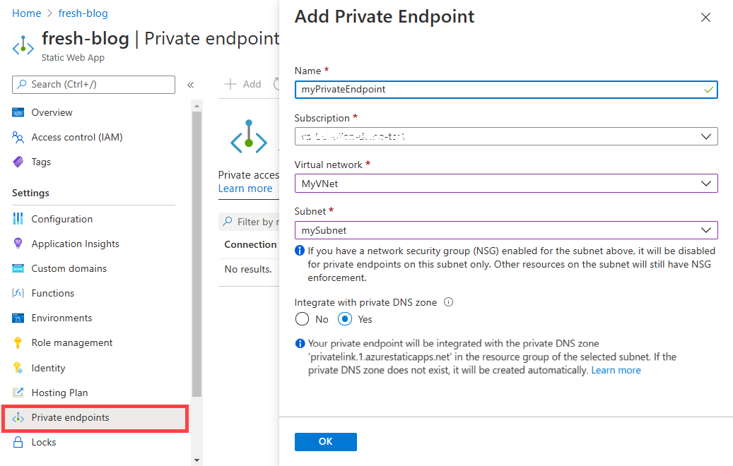 Captura de ecrã da janela de diálogo Adicionar Ponto de Extremidade Privado no portal do Azure.