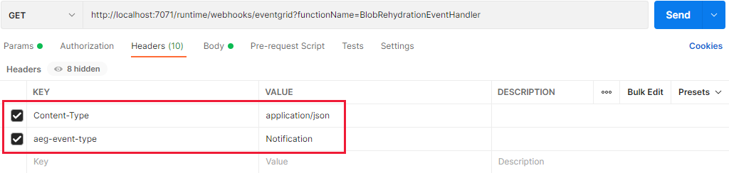 Screenshot showing header configuration for local request to trigger event