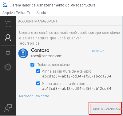 Captura de ecrã que mostra o Explorador de Armazenamento do Microsoft Azure e realça o painel Gestão de Contas e o botão Abrir Explorador.