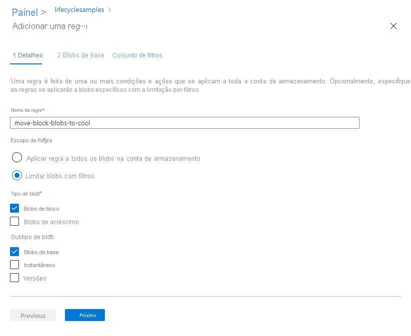 Captura de ecrã da página de detalhes de adicionar uma regra de gestão do ciclo de vida no portal do Azure