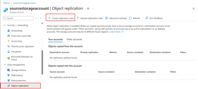 Captura de tela mostrando o local da caixa de seleção de replicação prioritária para uma nova conta de armazenamento.