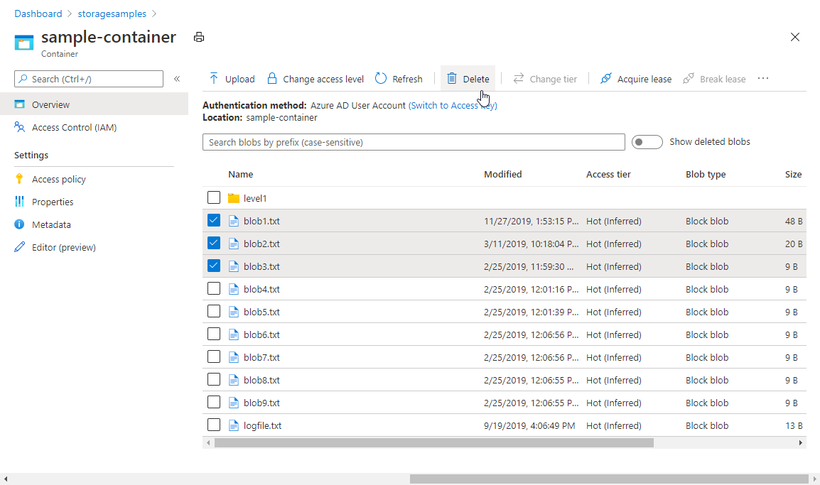 Captura de ecrã mostrando como eliminar blobs do portal do Azure
