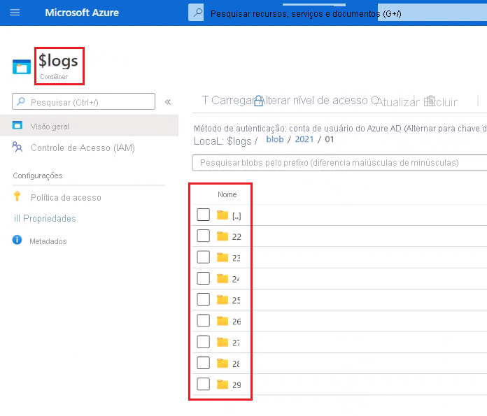 Lista de pastas de registo no portal Azure