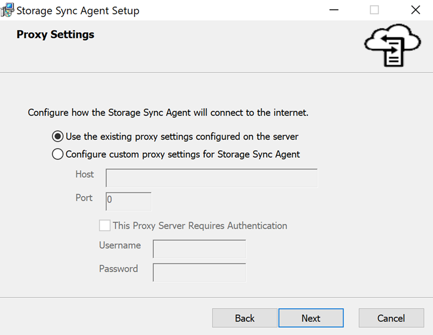 Captura de ecrã das definições de proxy no Assistente de Configuração do Agente de Sincronização de Ficheiros.