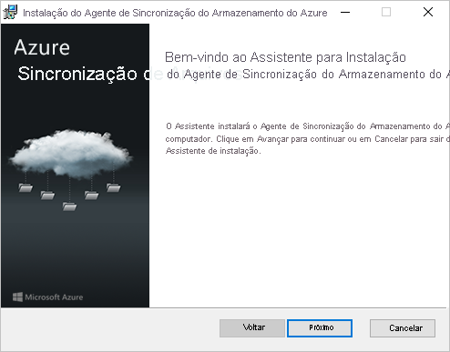 O primeiro painel do instalador do Azure File Sync agent.