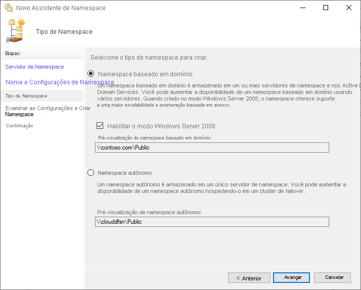 Uma captura de ecrã da seleção entre um namespace baseado em domínio e um namespace autónomo no New Namespace Wizard.