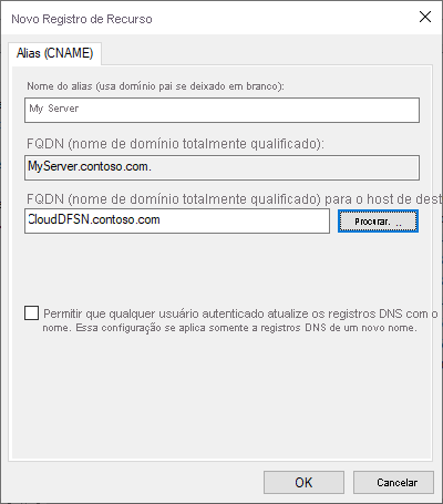 Uma captura de ecrã da caixa de diálogo Novo Registo de Recursos para uma entrada DNS CNAME.