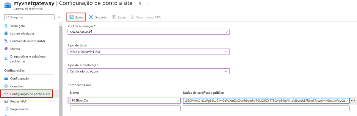Captura de tela mostrando como configurar uma VPN ponto a site usando o portal do Azure.