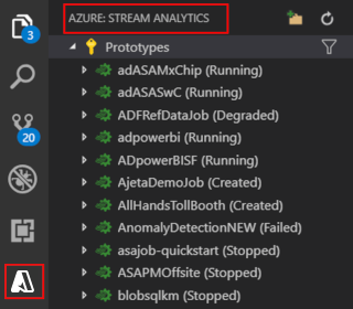 Captura de ecrã da extensão VS Code a abrir o Stream Analytics Explorer.