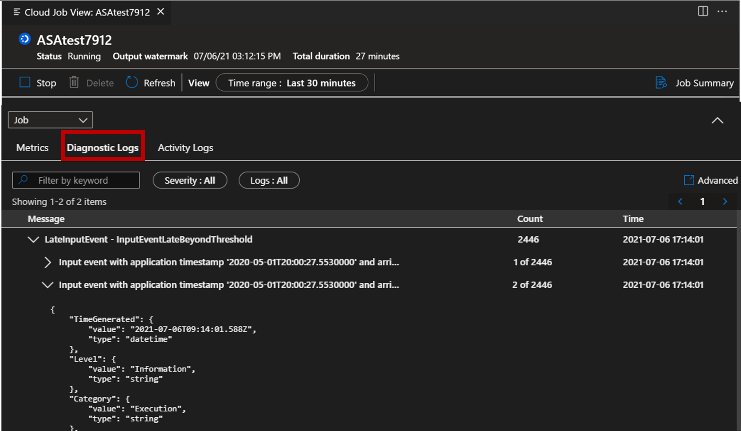 Captura de ecrã da extensão VS Code que visualiza os Registos de Diagnóstico.