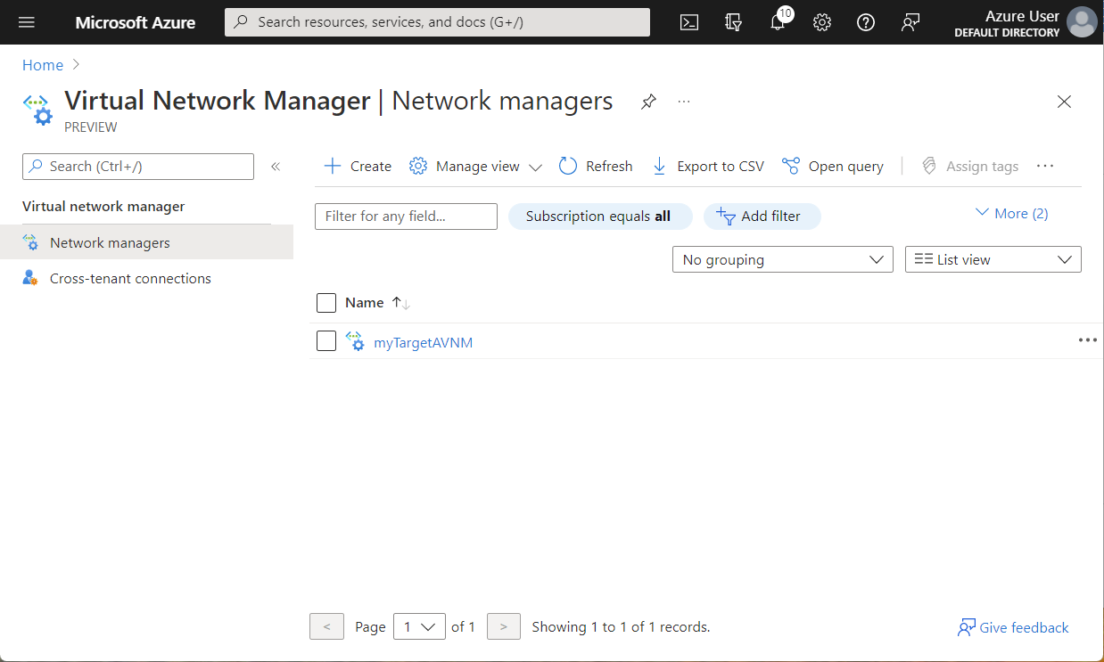 Captura de ecrã de gestores de rede no Virtual Network Manager num inquilino de destino.