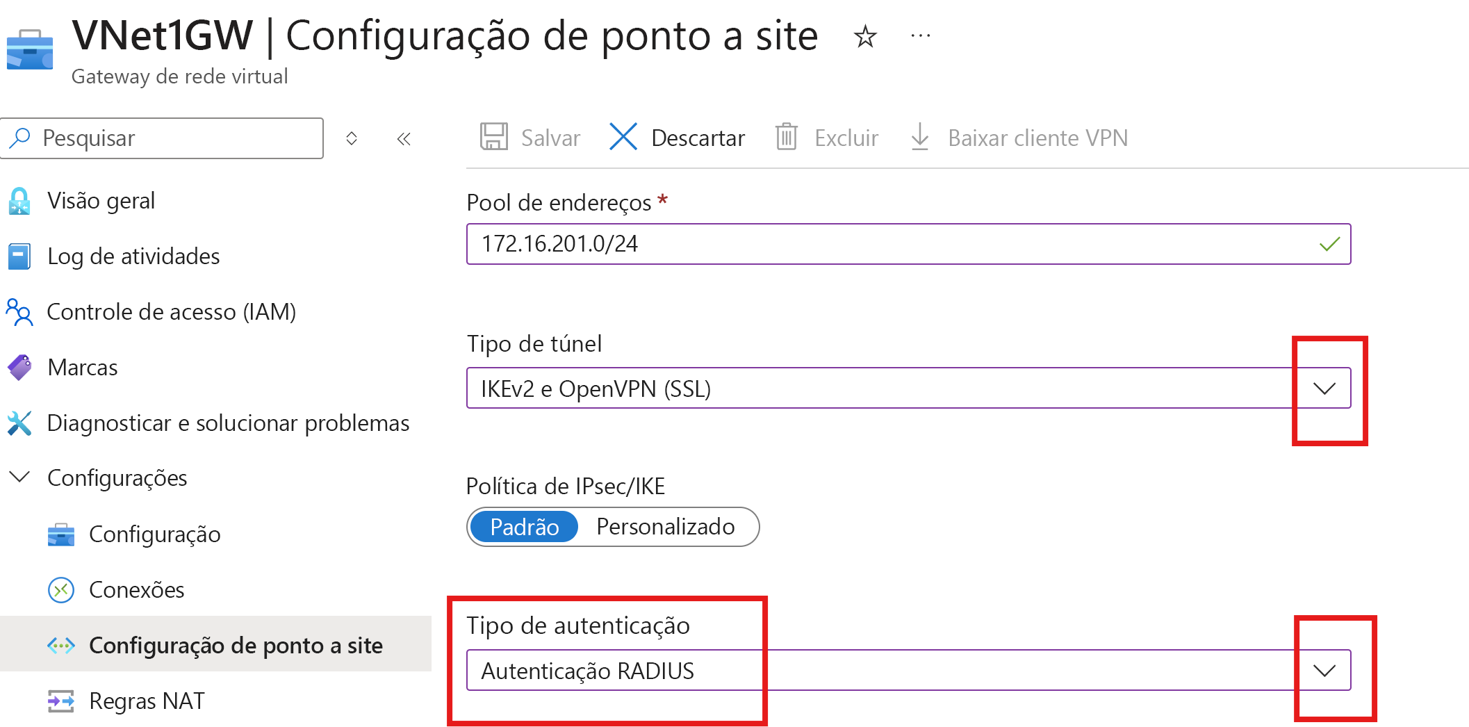 Captura de ecrã da página Configuração ponto-a-site - tipo de autenticação.