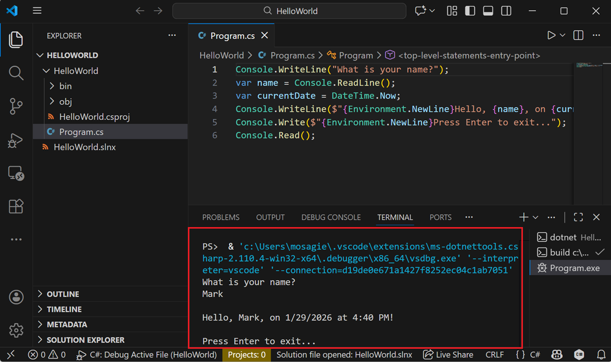 Janela Terminal com saída de programa modificada