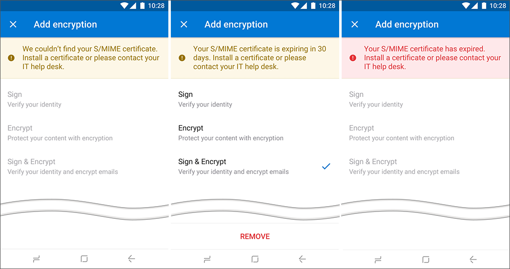 Capturas de tela mostrando avisos sobre a expiração do certificado.