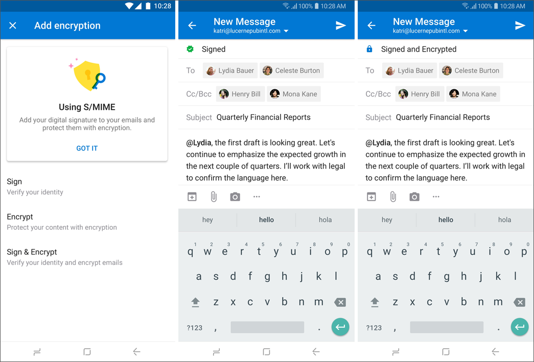 Capturas de tela das opções do Outlook para Android S/MIME.