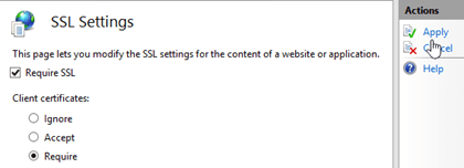 No IIS, nas configurações SSL do diretório virtual, selecione Exigir em Certificados de cliente.