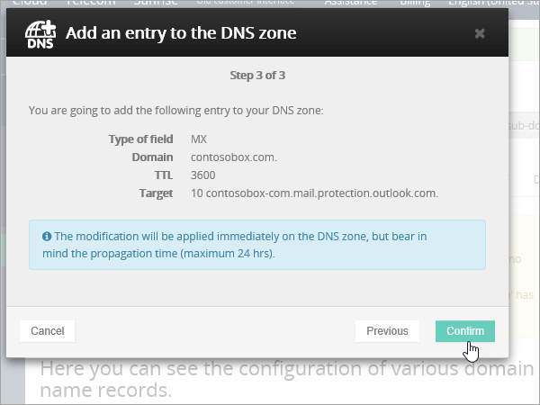 O registo OVH MX selecione Confirmar.