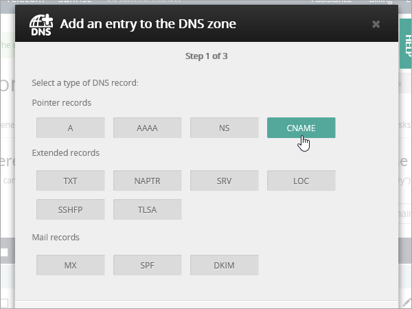 OVH Adicionar tipo de registo CNAME.