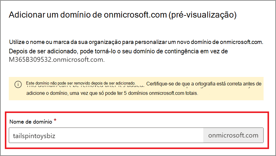 Captura de ecrã a mostrar a página Adicionar domínio onmicrosoft.