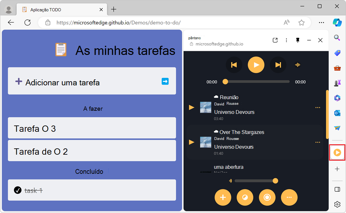 Microsoft Edge com um separador aberto numa aplicação lista TODO e PWAmp na barra lateral