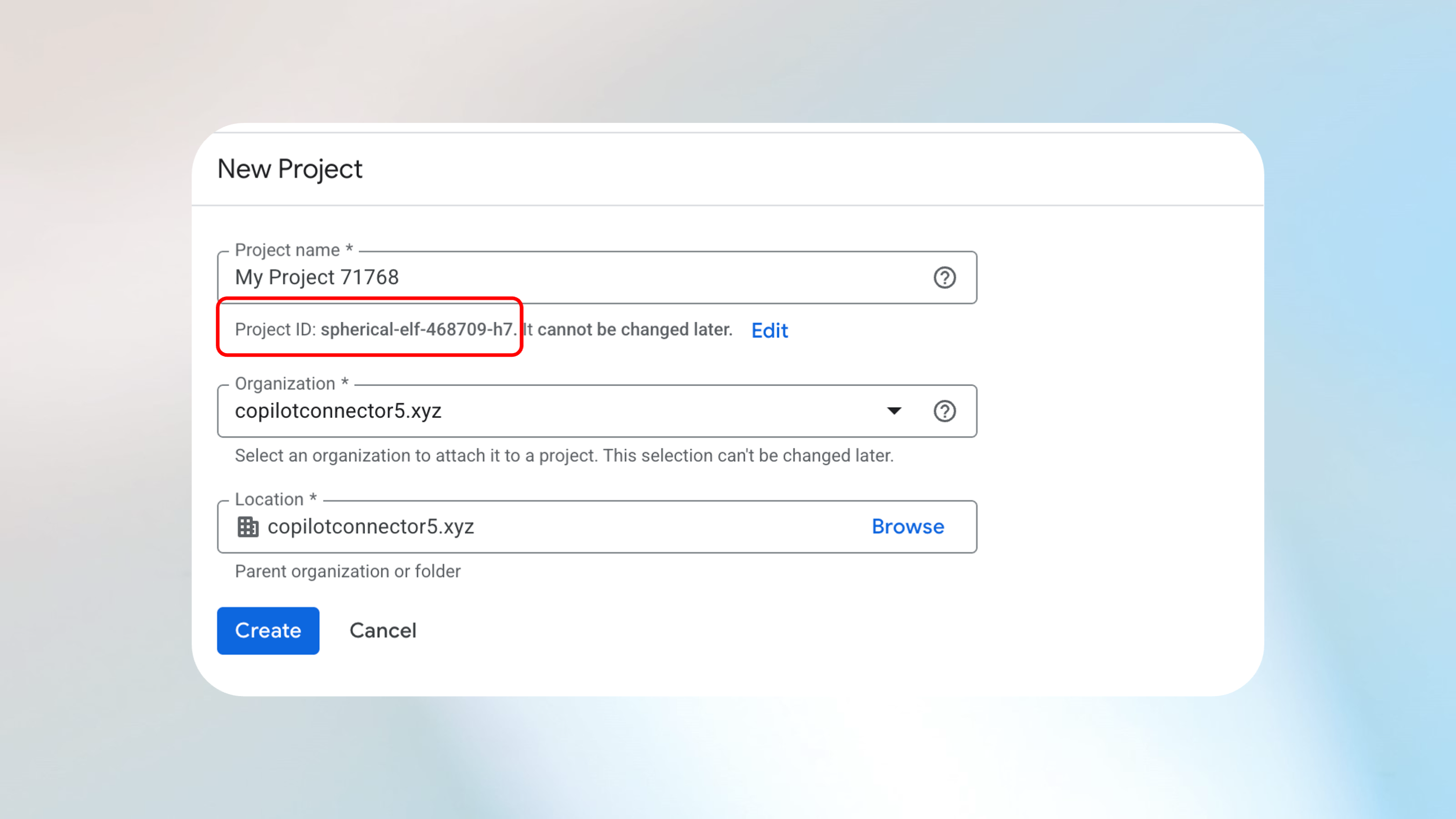 Captura de ecrã que mostra como obter o ID do projeto no Google Workspace.