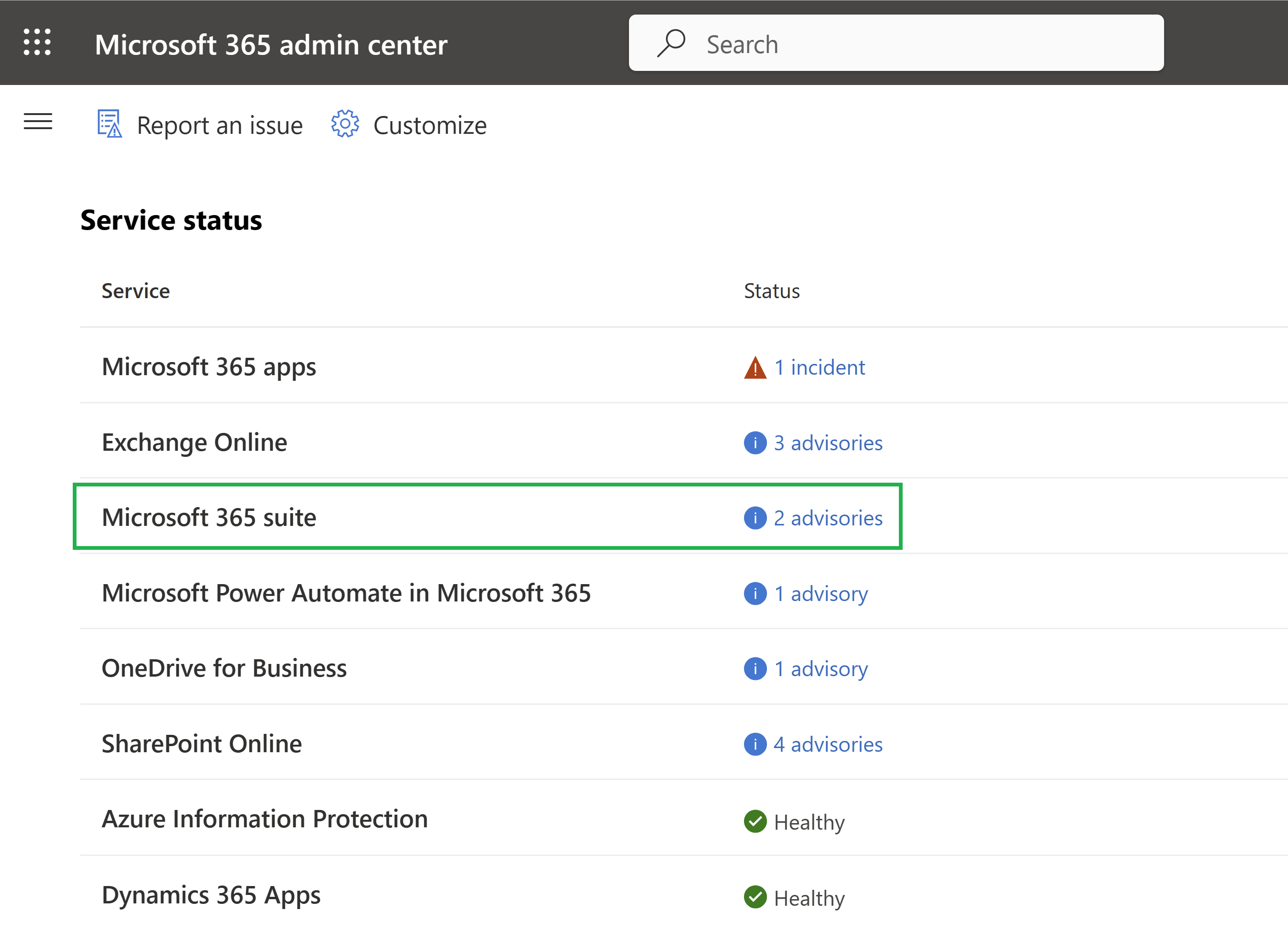 Captura de ecrã a mostrar a secção status serviço