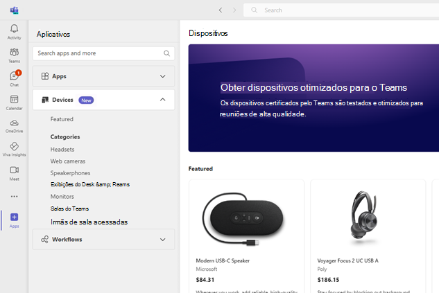 Captura de tela da Loja de Dispositivos no aplicativo Teams.