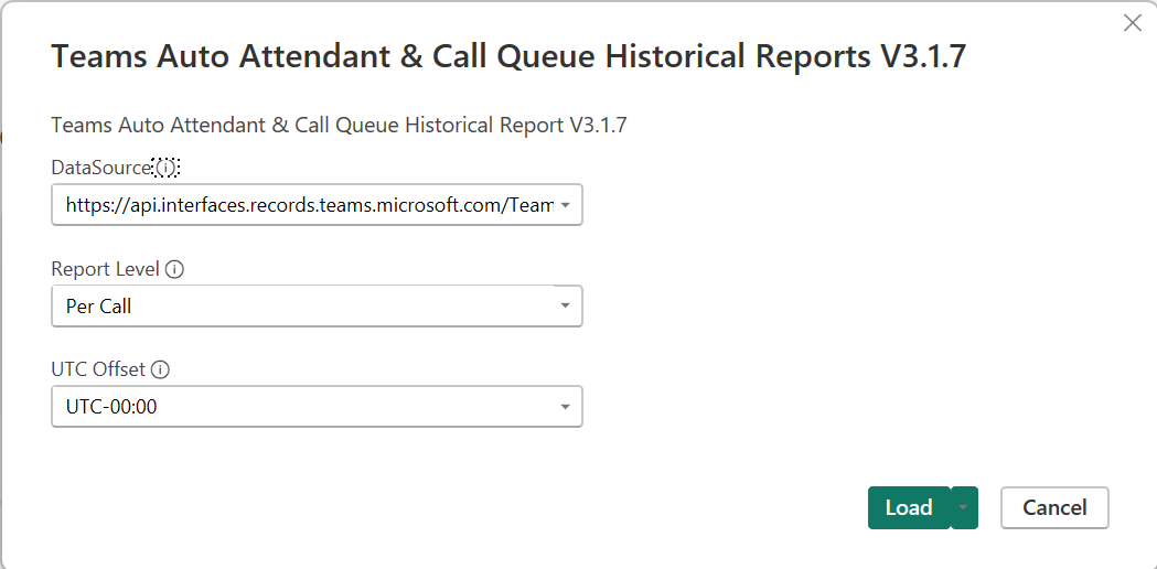 Captura de ecrã a mostrar as seleções DataSource, Report Level e UTC Offset.