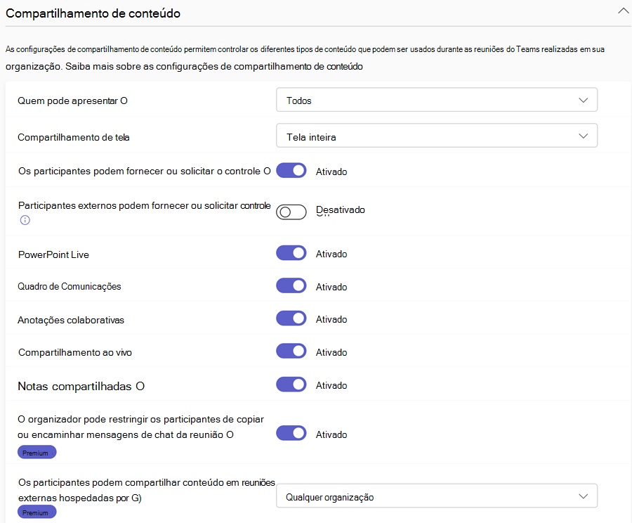 Captura de tela das políticas de compartilhamento de conteúdo de reunião do Teams no centro de administração do Teams.