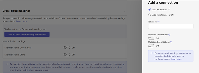 Captura de tela das configurações entre nuvens de reunião do Teams no centro de administração do Teams.