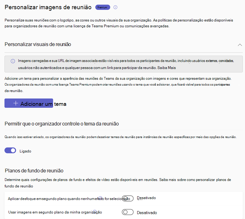 Captura de tela das políticas de personalização de reunião do Teams no centro de administração do Teams.