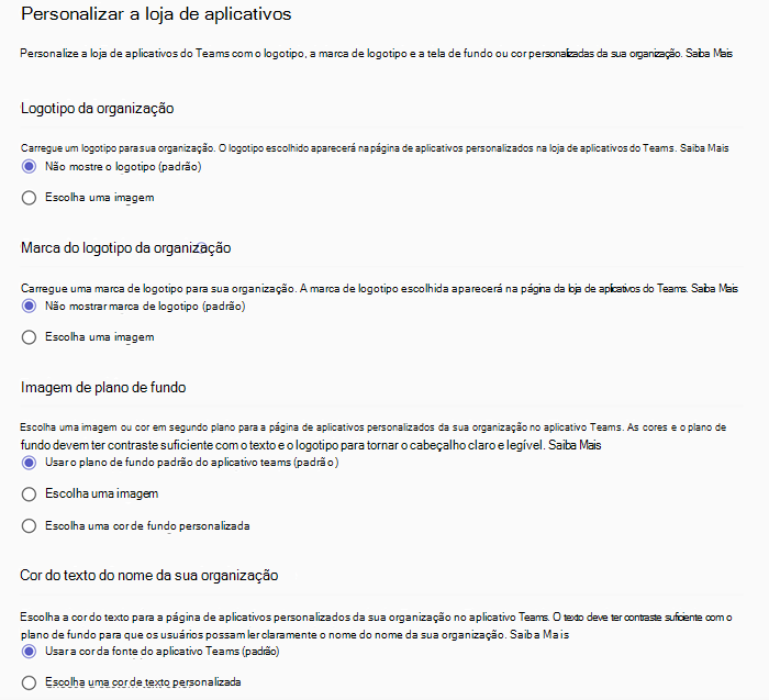 Captura de tela das políticas da loja de aplicativos para personalizar o Teams no centro de administração do Teams.