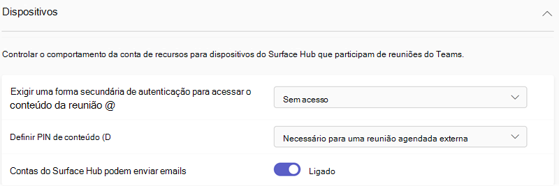 Captura de tela das configurações de dispositivos do Teams no centro de administração do Teams.