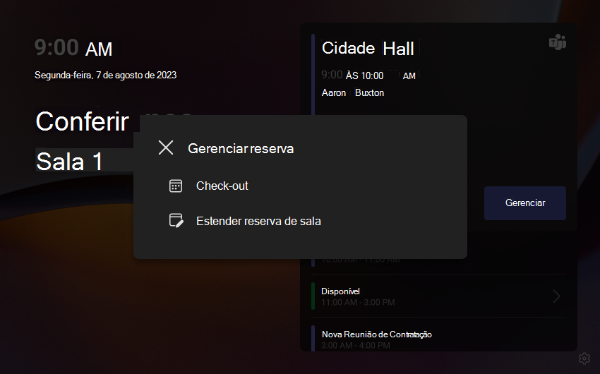 Imagem da tela inicial dos painéis do Teams com opções para 'Check out' ou 'Estender reserva de sala.