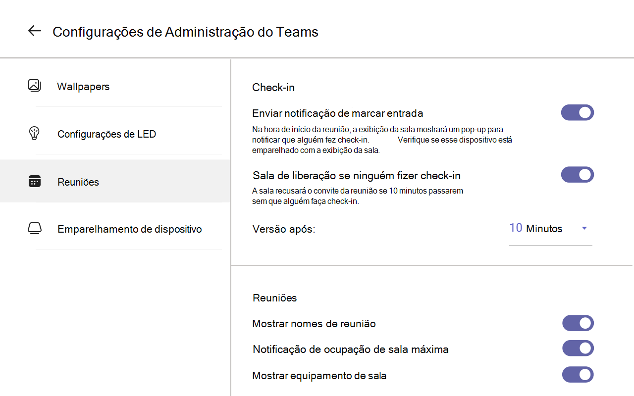 Captura de tela que mostra as configurações de painel do Teams.